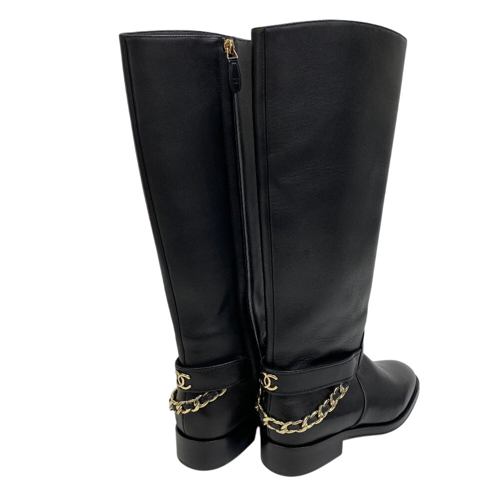 Chanel Boots G39171 Leather Black Coco Mark Long Boots Chain Women 38C