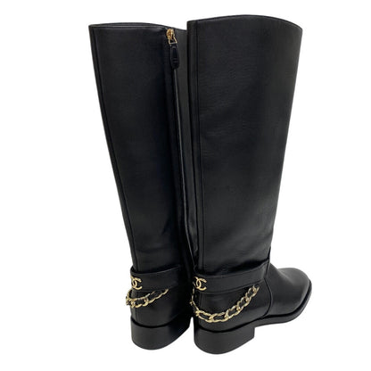 Chanel Boots G39171 Leather Black Coco Mark Long Boots Chain Women 38C