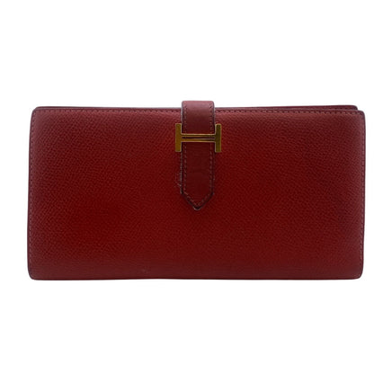 Hermes Long Wallet Purse Leather Red Bean Women
