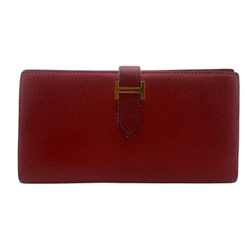 Hermes Long Wallet Purse Leather Red Bean Women