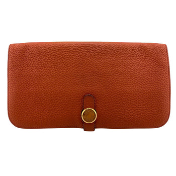 Hermes Long Wallet Purse Taurillon Clemence, Gold Orange Dogon Long Mens
