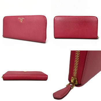 Prada Long Wallet Purse 1Ml506 Embossed Leather Pink Zip Around Safiano Women