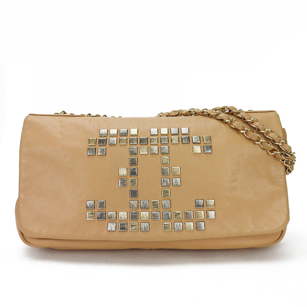 Chanel Shoulder Bag Leather Beige Coco Mark Chainshoulder