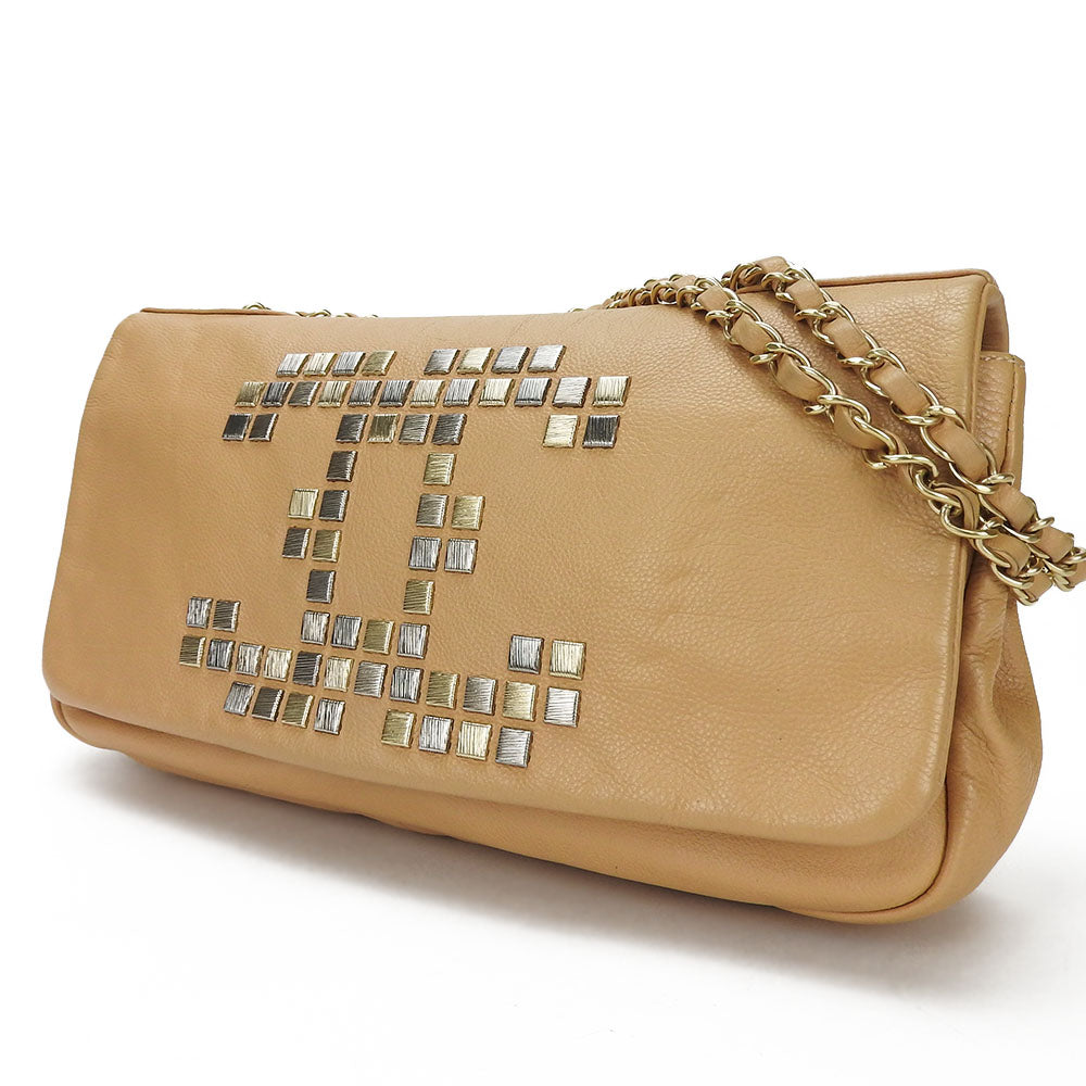 Chanel Shoulder Bag Leather Beige Coco Mark Chainshoulder