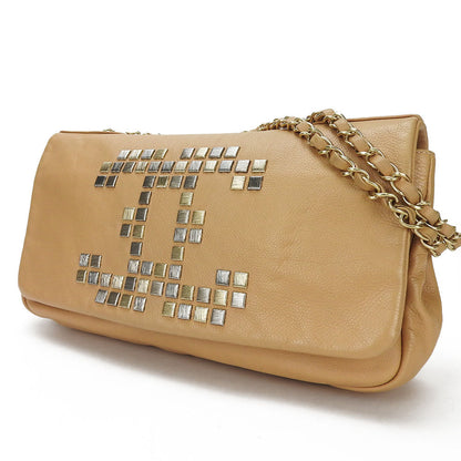 Chanel Shoulder Bag Leather Beige Coco Mark Chainshoulder