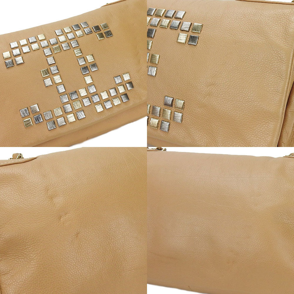 Chanel Shoulder Bag Leather Beige Coco Mark Chainshoulder