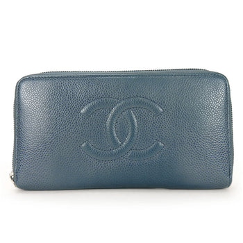 Chanel Long Wallet Purse Caviar Skin Blue Coco Mark