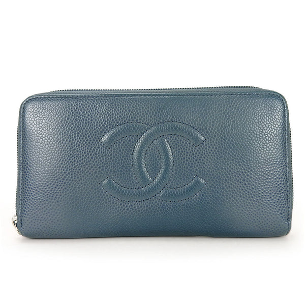 Chanel Long Wallet Purse Caviar Skin Blue Coco Mark