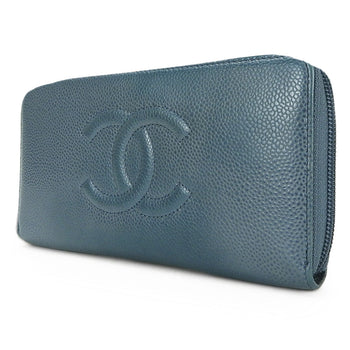 Chanel Long Wallet Purse Caviar Skin Blue Coco Mark