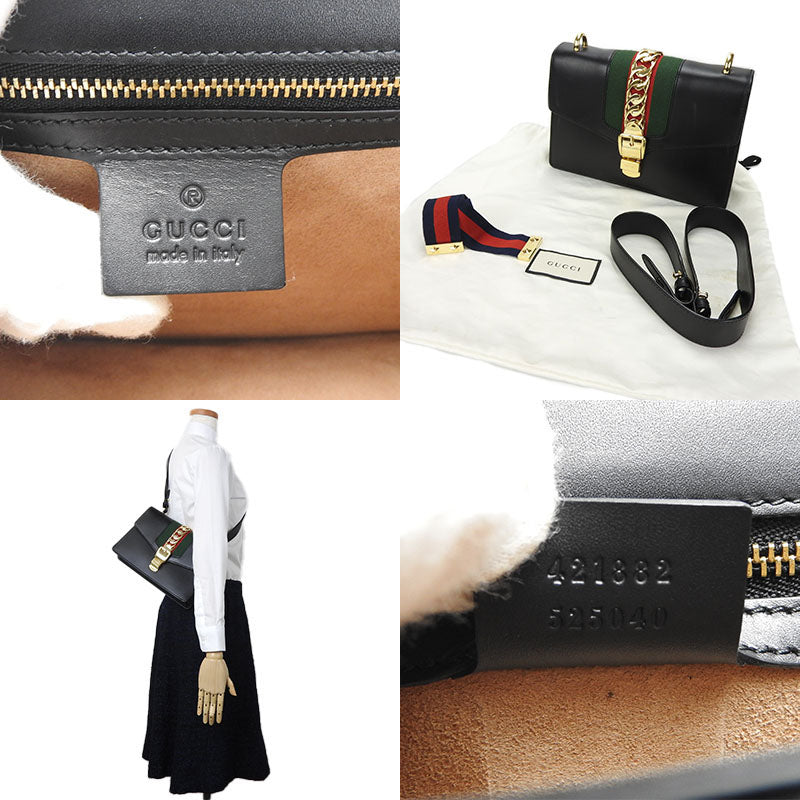 Gucci Shoulder Bag 421882 Leather Black Web Line Silvi Small Women