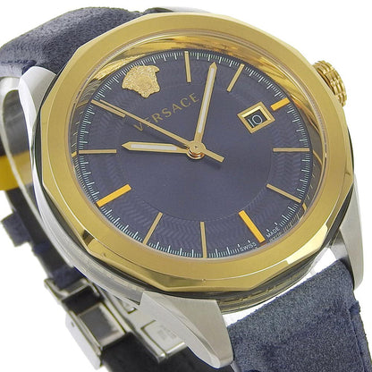 Versace Watches Quartz Wr5 Stainless Steel , Leather Gold Vera Navy Dial Mens