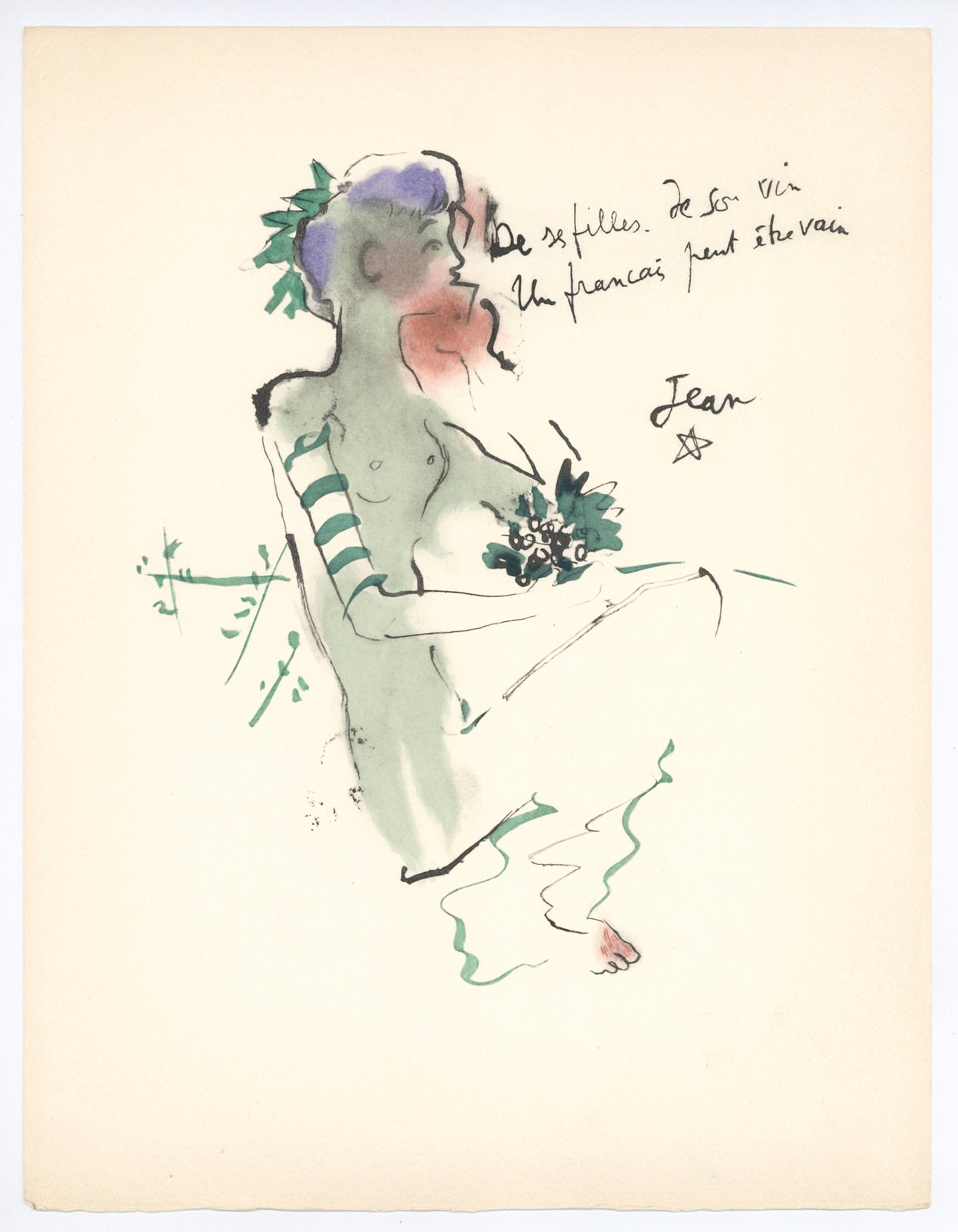 Jean Cocteau, Bacchante Assise, Vins, Fleurs Et Flammes, Lithograph