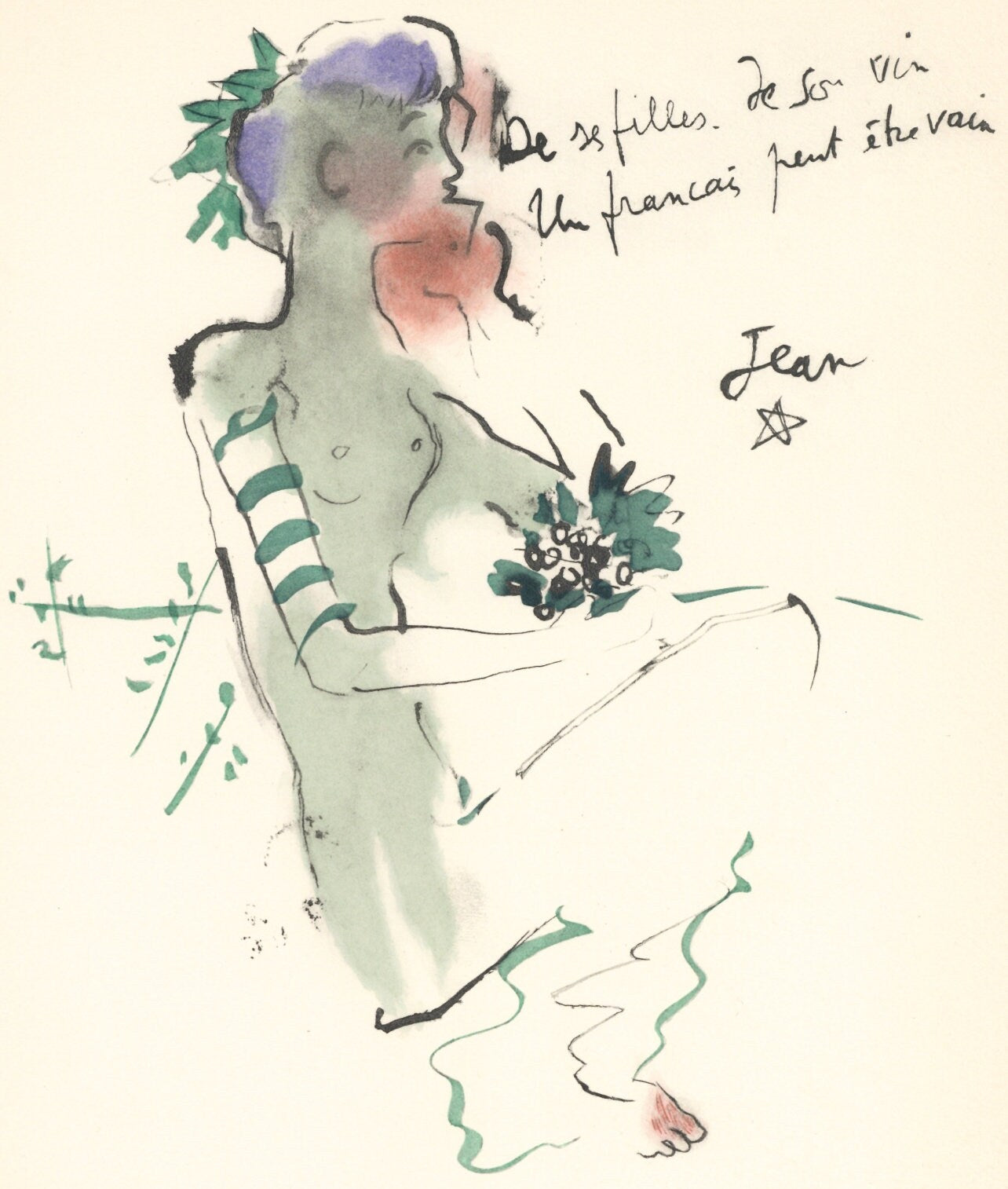 Jean Cocteau, Bacchante Assise, Vins, Fleurs Et Flammes, Lithograph