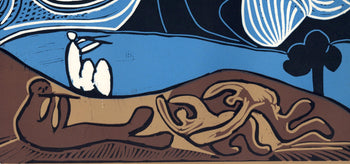 Pablo Picasso, Couple And Flutist At The Edge Of A Lake (Orozco 214), Grabados Al Linleo, Linocut
