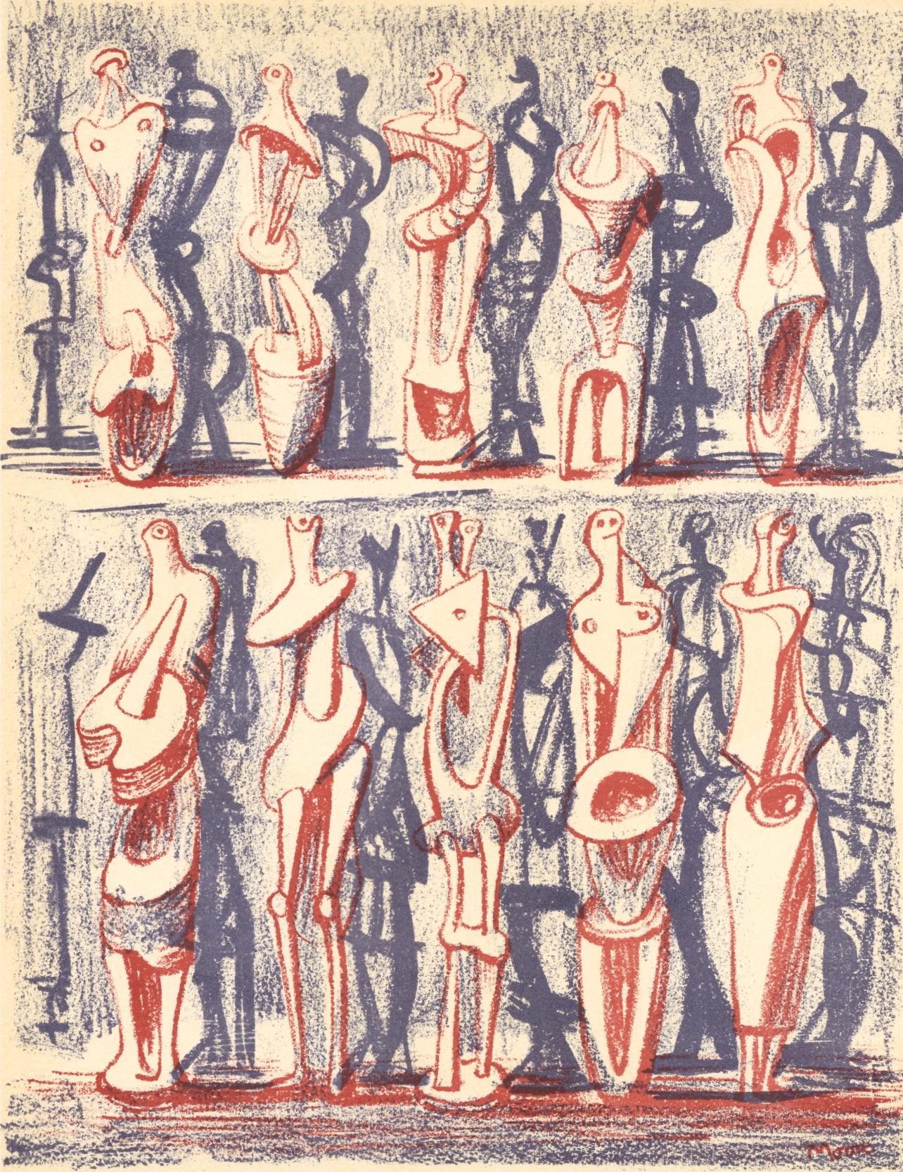 Henry Moore, Red And Blue Standing Figures (Cramer 36), Xxe Sicle, Lithograph