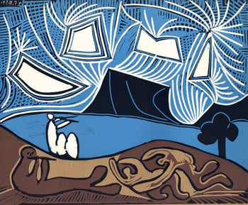 Pablo Picasso, Couple And Flutist At The Edge Of A Lake (Orozco 214), Grabados Al Linleo, Linocut