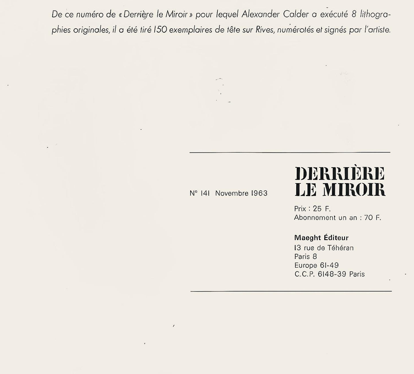 Alexander Calder, Composition, Derrire Le Miroir, Lithograph