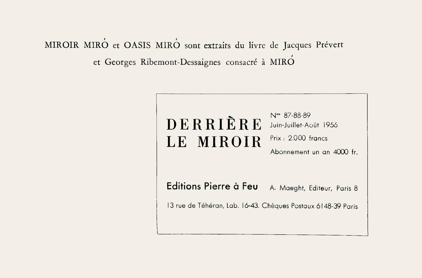 Joan Mir, Composition (Cramer 34; Mourlot 226), Derrire Le Miroir, Lithograph