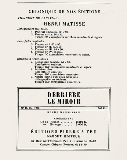 Henri Matisse, Composition, Derrire Le Miroir, Lithograph