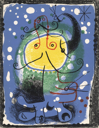 Joan Mir, Personnage Sur Fond Bleu, Xxe Sicle, Lithograph