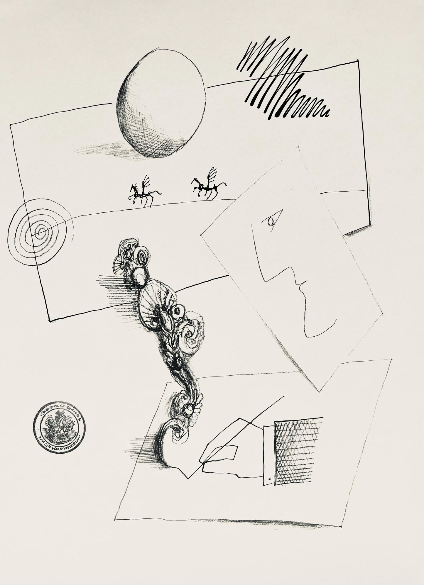 Saul Steinberg, Composition, Derrire Le Miroir, Lithograph