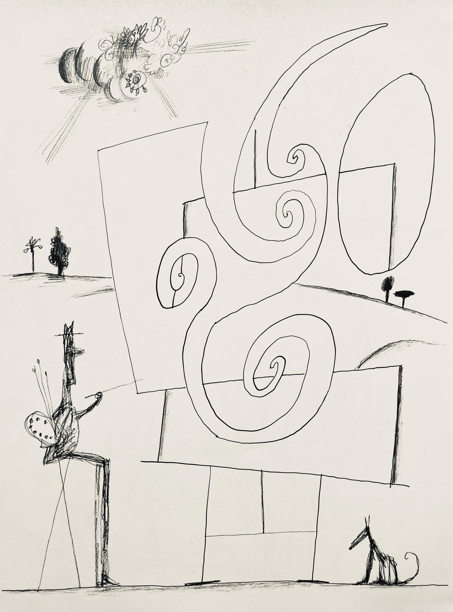 Saul Steinberg, Composition, Derrire Le Miroir, Lithograph