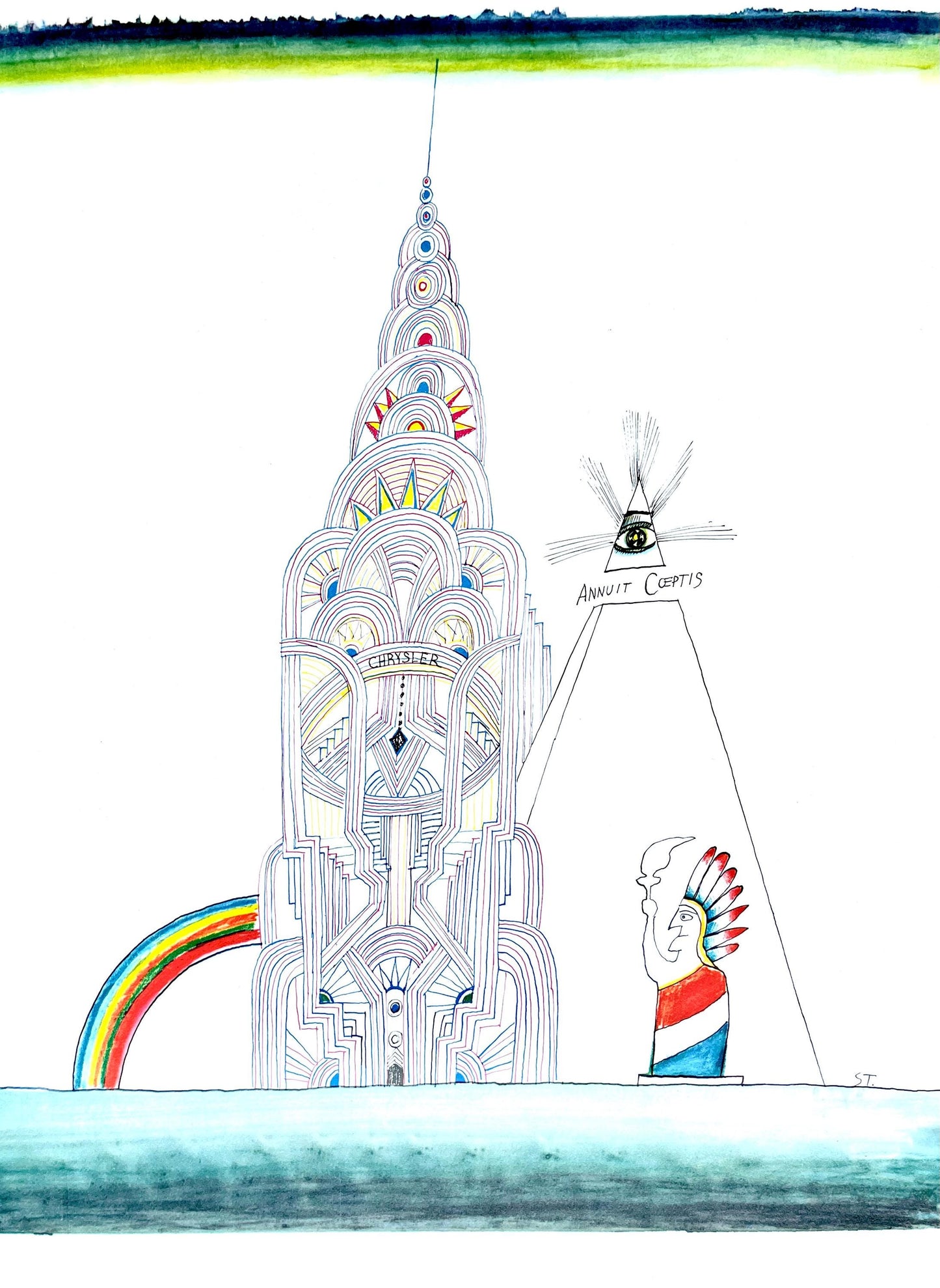 Saul Steinberg, Chrysler Building, New York City, Derrire Le Miroir, Lithograph