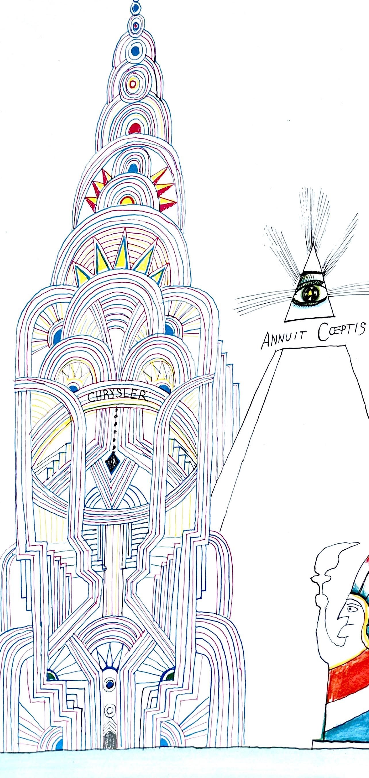 Saul Steinberg, Chrysler Building, New York City, Derrire Le Miroir, Lithograph