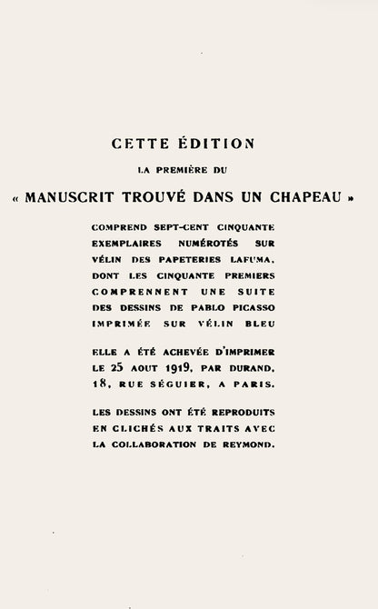 Pablo Picasso, Composition (Hodorisch B2), Le Manuscrit Trouv Dans Un Chapeau, Lithograph