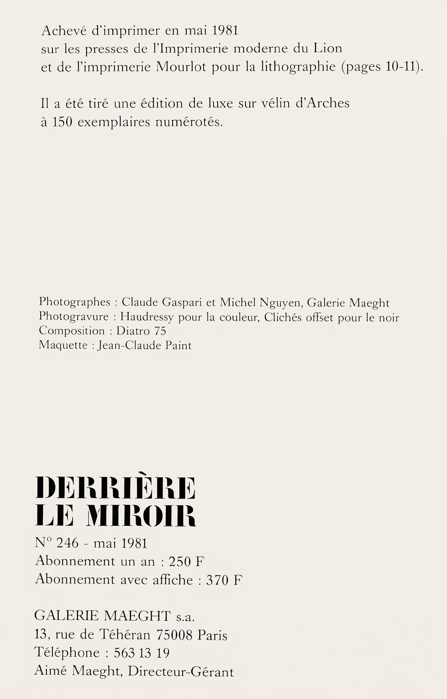 Marc Chagall, Composition (Cramer 111; Mourlot 992), Derrire Le Miroir, Lithograph