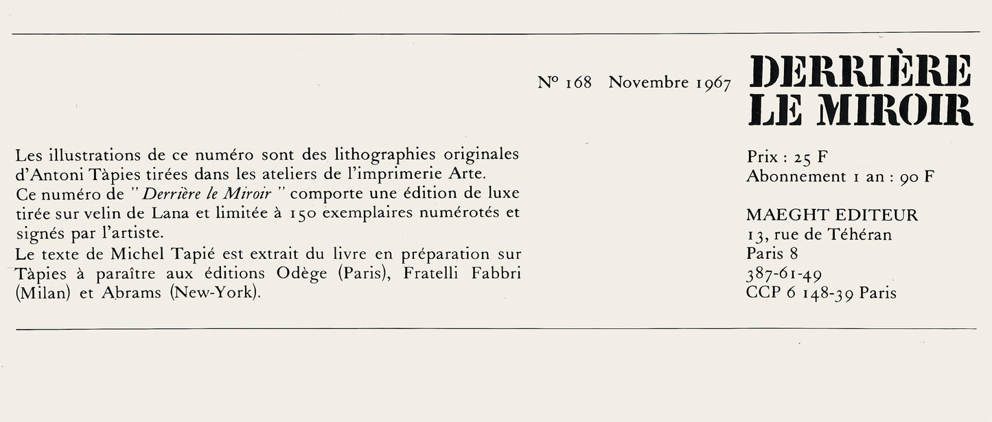 Antoni Tpies, Composition, Derrire Le Miroir, Lithograph