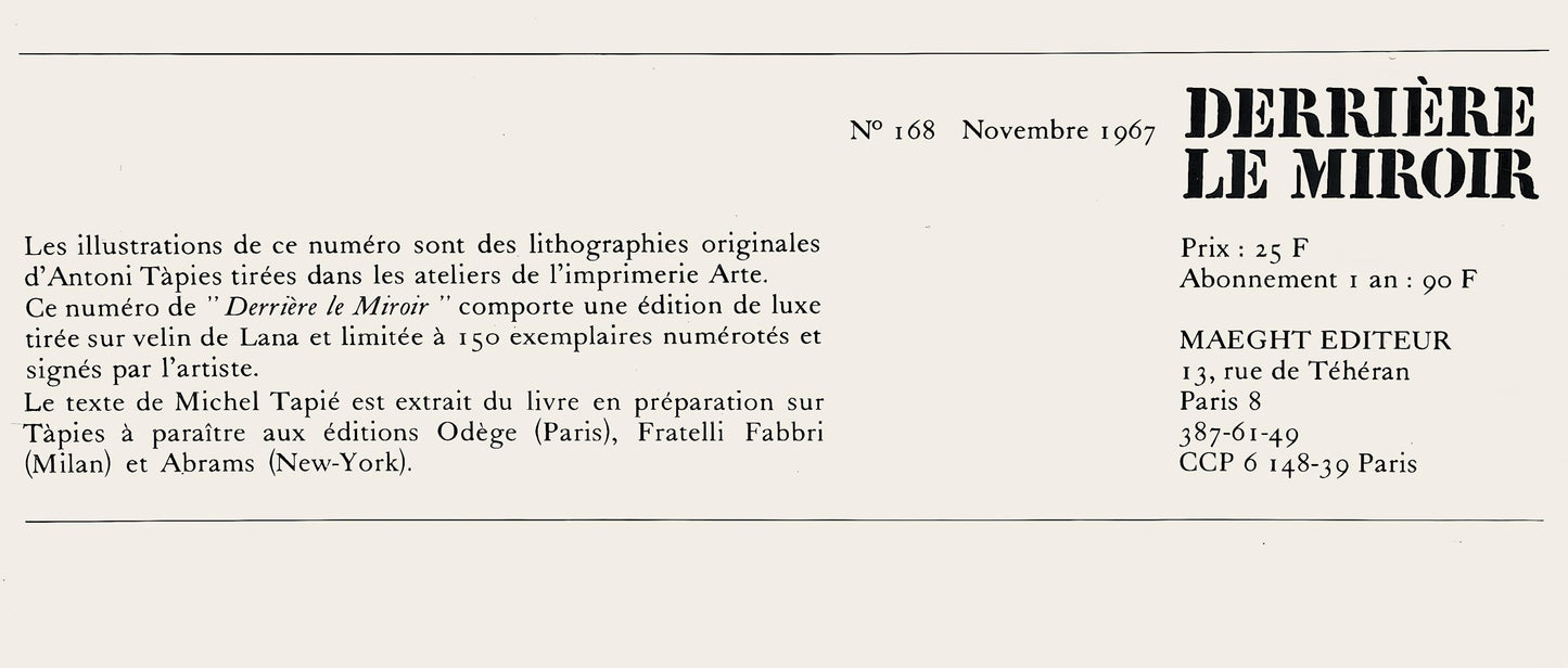 Antoni Tpies, Composition, Derrire Le Miroir, Lithograph