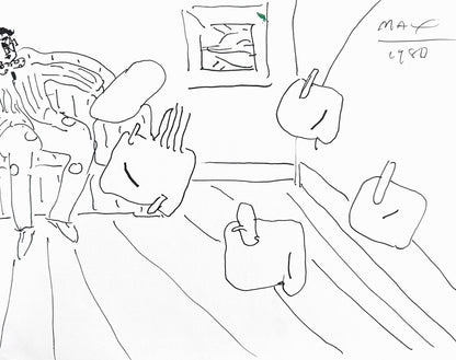 Peter Max, Seated Man, Hand Signed, Pen And Ink Drawing