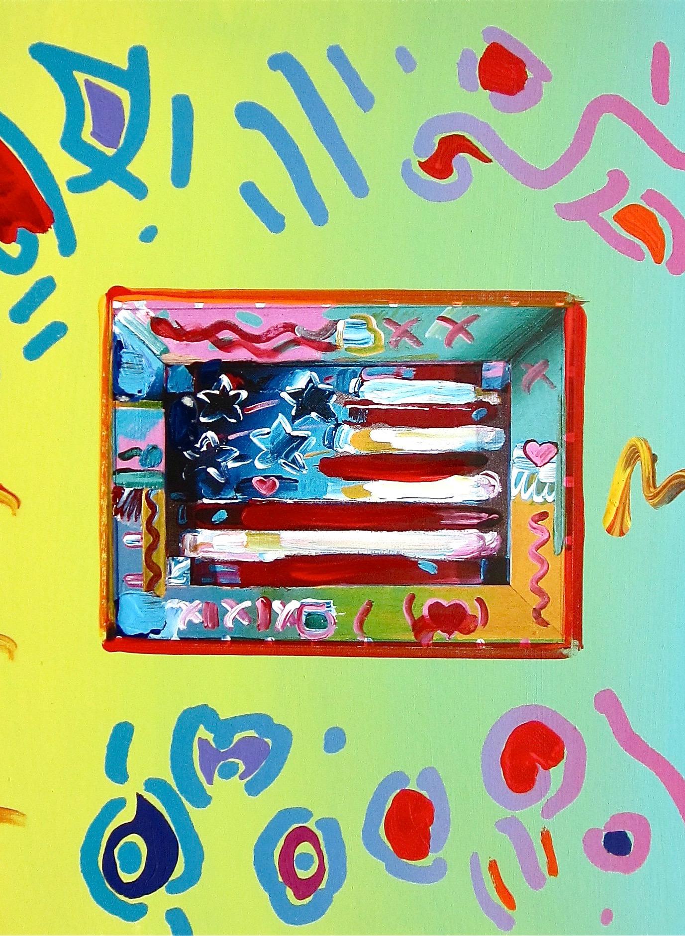 Peter Max, Flag, Hand Signed, Mixed Media Acrylic And Lithograph Painting