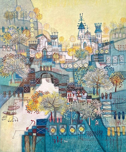 Heshi Yu, Fishing Village, Original Edition Offset Lithograph