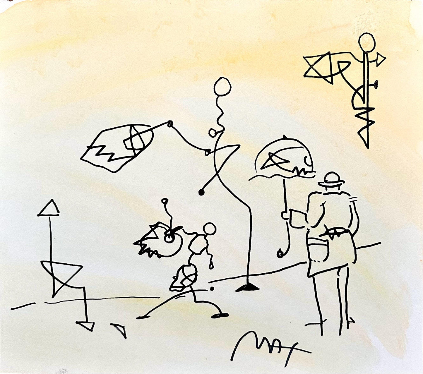 Peter Max, Umbrella Man, Hand Signed, Mixed Media Watercolor And Silkscreen Painting