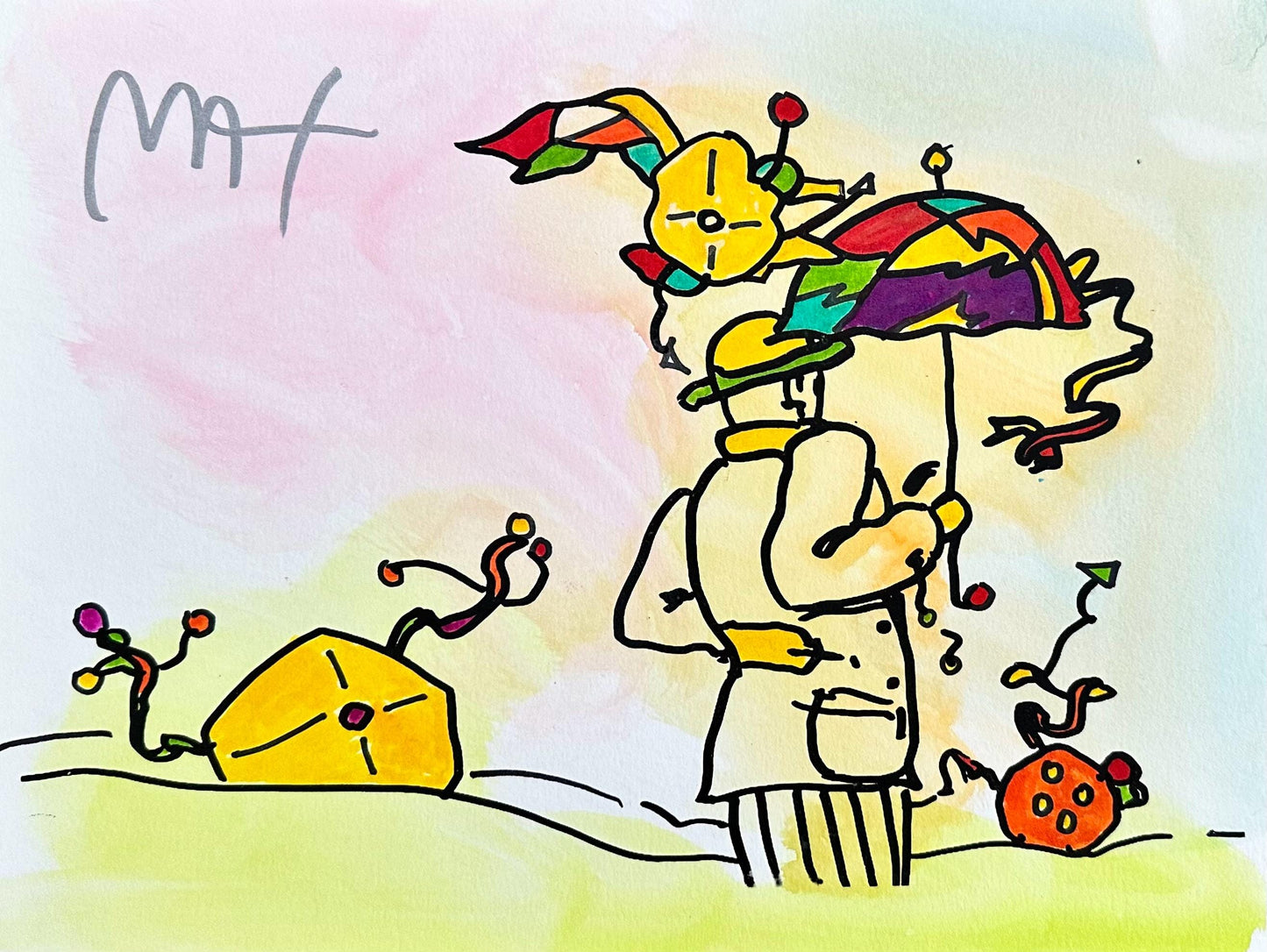 Peter Max, Umbrella Man, Hand Signed, Mixed Media Watercolor And Silkscreen Painting