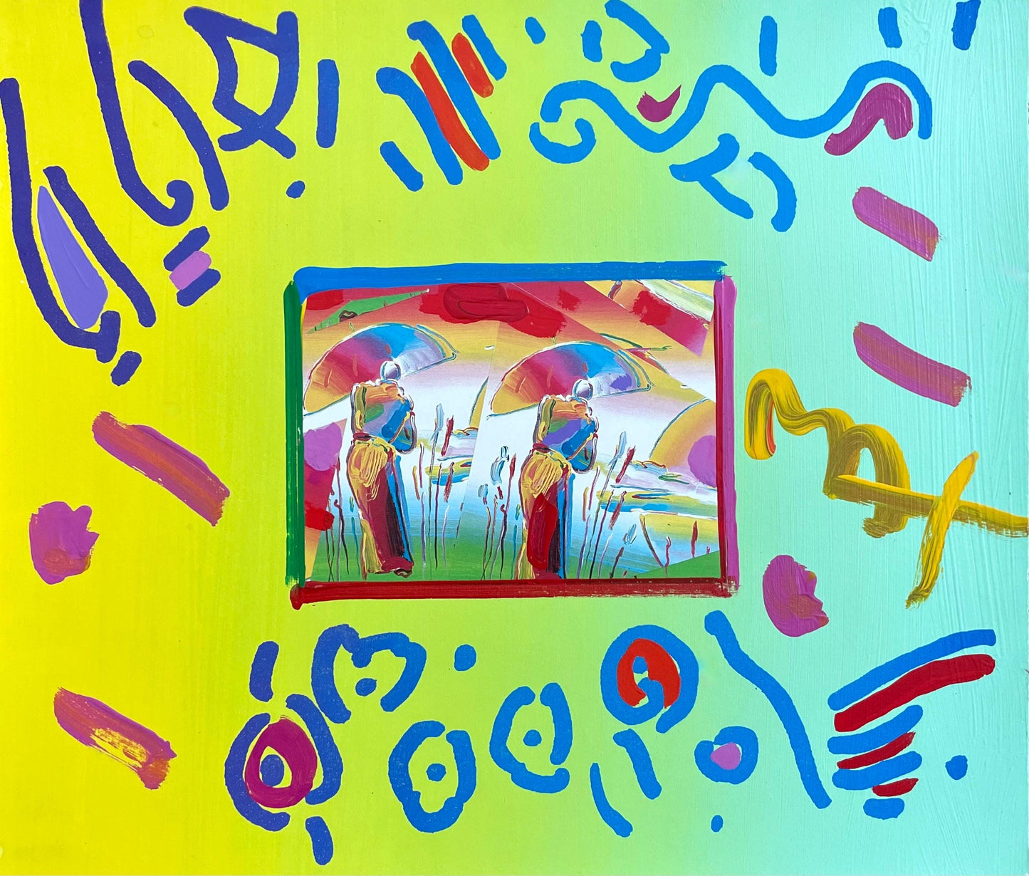 Peter Max, Two Sages, Hand Signed, Mixed Media Acrylic And Lithograph Painting
