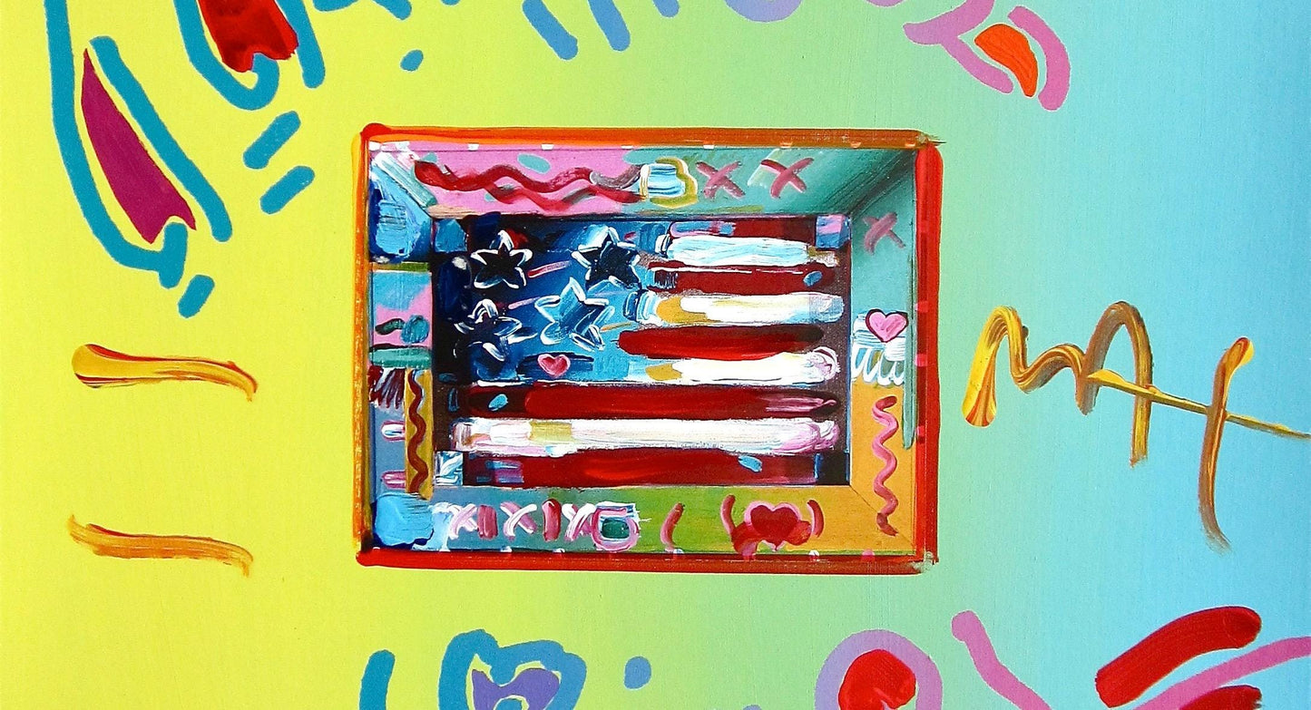 Peter Max, Flag, Hand Signed, Mixed Media Acrylic And Lithograph Painting