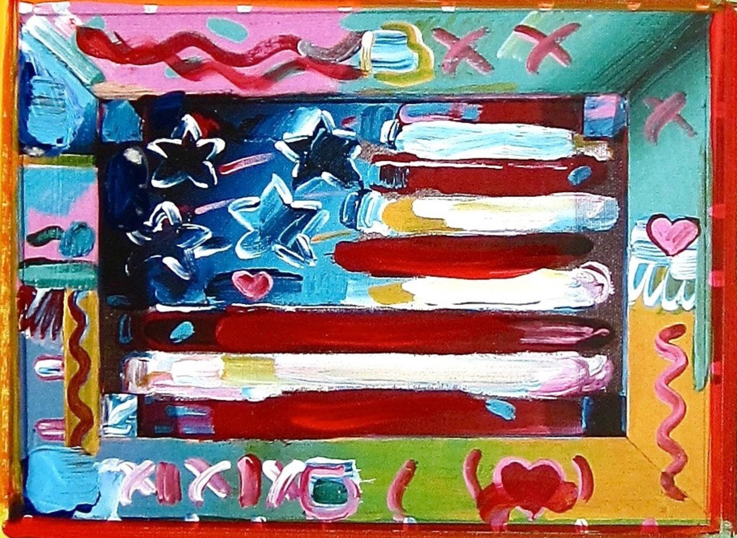 Peter Max, Flag, Hand Signed, Mixed Media Acrylic And Lithograph Painting