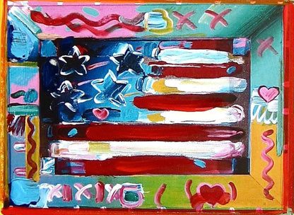 Peter Max, Flag, Hand Signed, Mixed Media Acrylic And Lithograph Painting