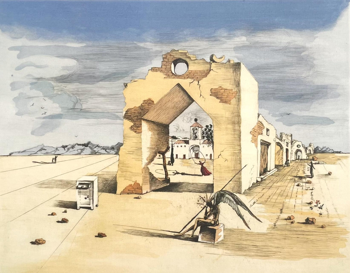 Salvador Dali, Le Village Paranoaque, Signed, Offset Lithograph