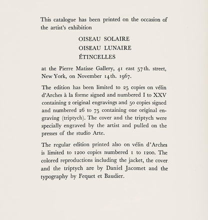 Joan Mir, L'Oiseau Solaire, L'Oiseau Lunaire, Tincelles (Cramer 117; Dupin 447-48), Lithograph