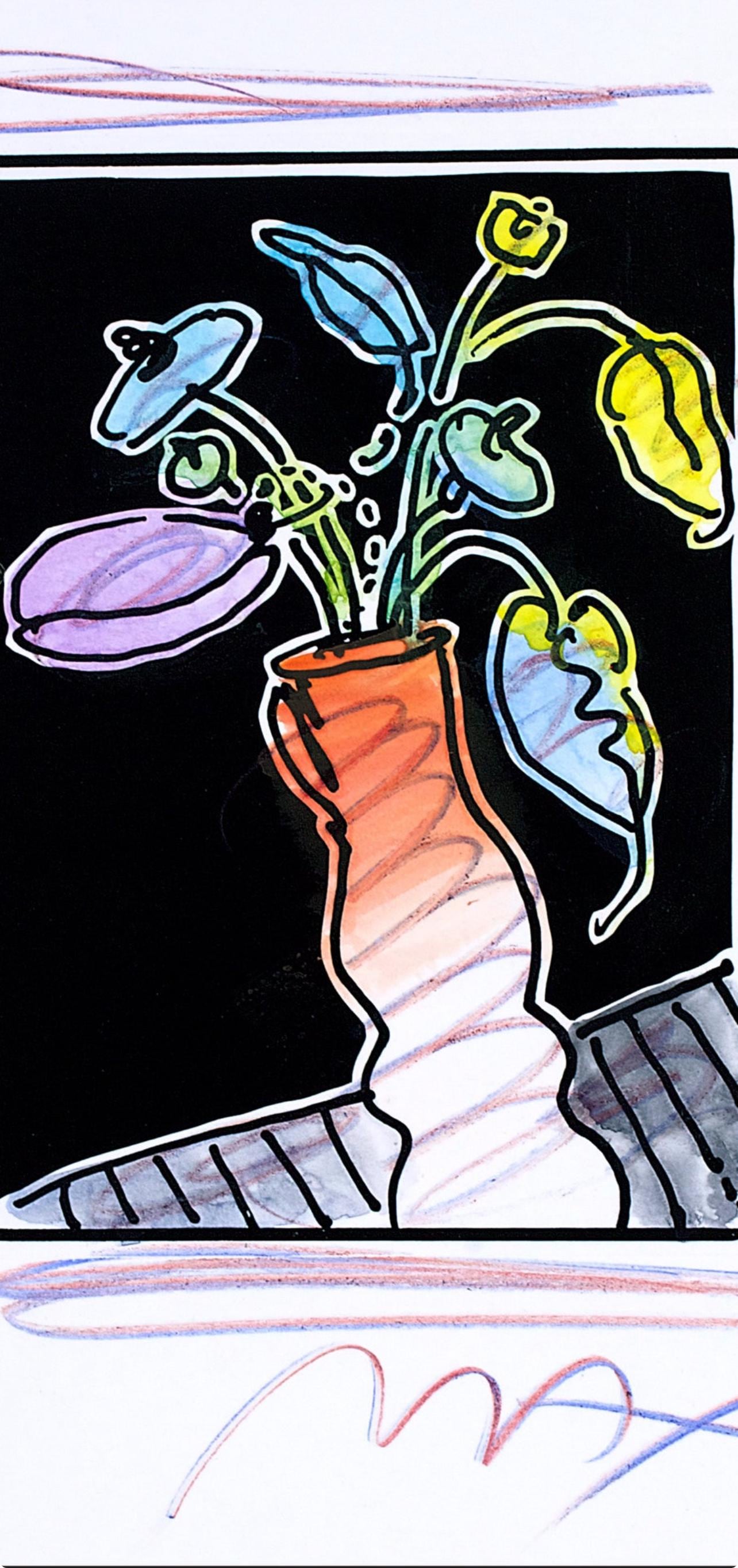 Peter Max, Vase Of Flowers I, Black And White Series, Hand Signed, Official Edition Mixed Media