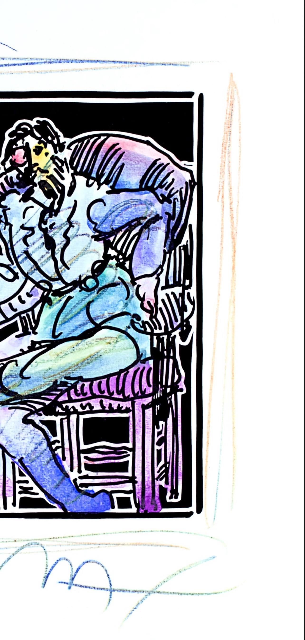 Peter Max, Seated Figure, Black And White Series, Hand Signed, Official Edition Mixed Media