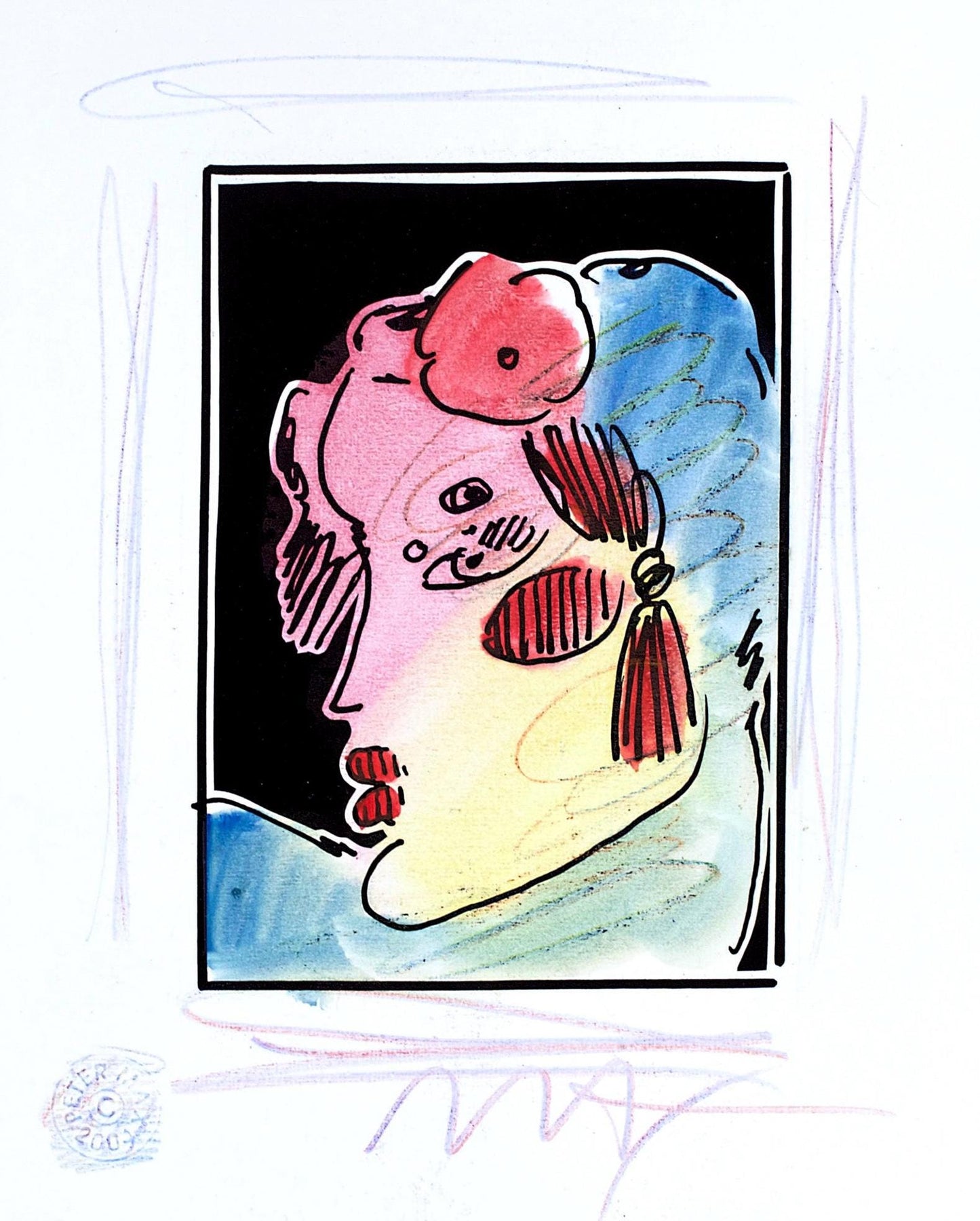 Peter Max, Lady Profile With Flower Ii, Black And White Series, Hand Signed, Official Edition Mixed