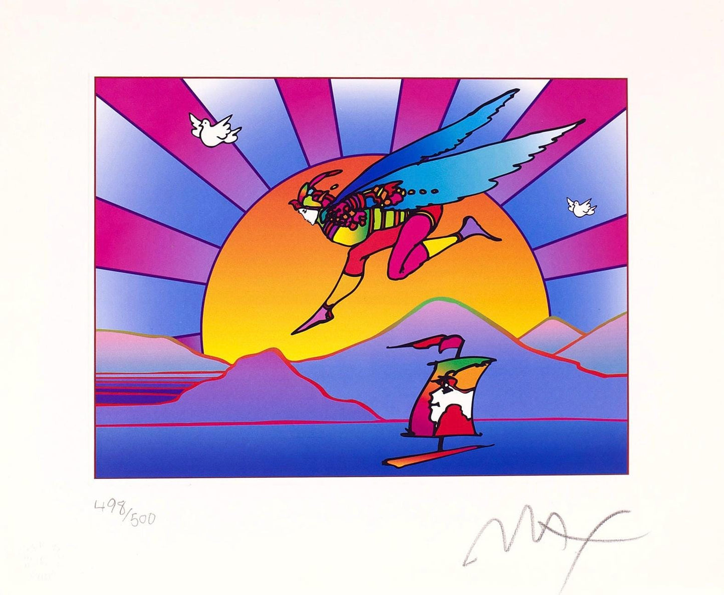 Peter Max, Winged Flyer With Sunrise, Version Ii, Hand Signed, Official Lithograph