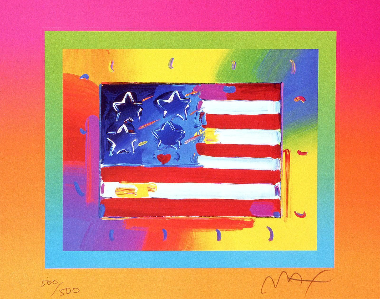 Peter Max, Flag With Heart On Blends Ii, Version Ii, Hand Signed, Official Lithograph