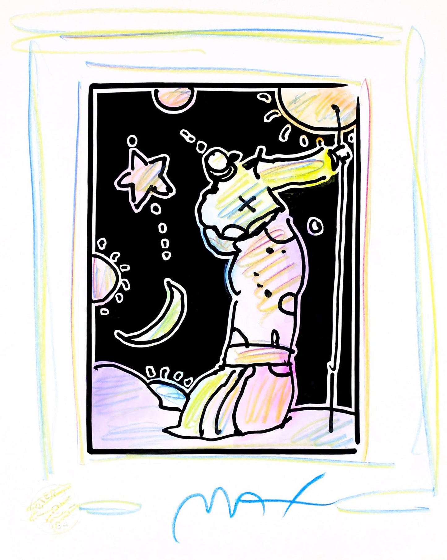 Peter Max, Sage With Cane Iii, Black And White Series, Hand Signed, Official Edition Mixed Media