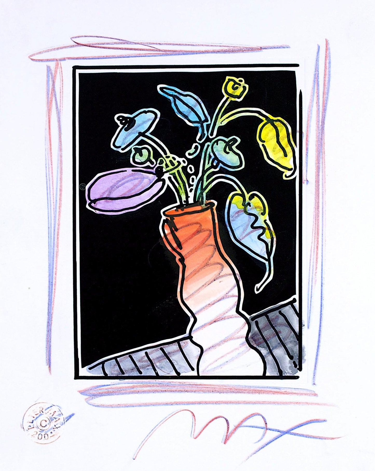 Peter Max, Vase Of Flowers I, Black And White Series, Hand Signed, Official Edition Mixed Media